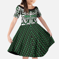 Custom Aotearoa Ngai Tahu Family Matching Off Shoulder Short Dress and Hawaiian Shirt Maori Tribal Pattern Mix Poutama LT05 Daughter's Dress Green - Polynesian Pride