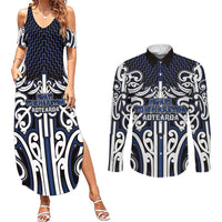 Custom Aotearoa Ngati Tuwharetoa Couples Matching Summer Maxi Dress and Long Sleeve Button Shirt Maori Tribal Pattern Mix Poutama