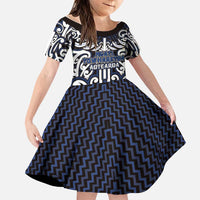 Custom Aotearoa Ngati Tuwharetoa Family Matching Off Shoulder Maxi Dress and Hawaiian Shirt Maori Tribal Pattern Mix Poutama LT05 Daughter's Dress Navy - Polynesian Pride