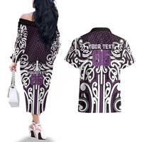 Custom Aotearoa Rangitane Couples Matching Off The Shoulder Long Sleeve Dress and Hawaiian Shirt Maori Tribal Pattern Mix Poutama