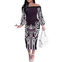 Custom Aotearoa Rangitane Family Matching Off The Shoulder Long Sleeve Dress and Hawaiian Shirt Maori Tribal Pattern Mix Poutama LT05 Mom's Dress Purple - Polynesian Pride