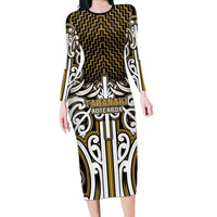 Custom Aotearoa Taranaki Family Matching Long Sleeve Bodycon Dress and Hawaiian Shirt Maori Tribal Pattern Mix Poutama LT05 Mom's Dress Yellow - Polynesian Pride
