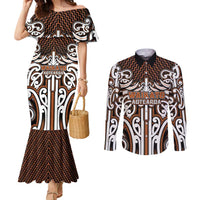 Custom Aotearoa Waikato Couples Matching Mermaid Dress and Long Sleeve Button Shirt Maori Tribal Pattern Mix Poutama