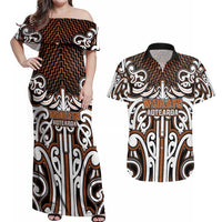 Custom Aotearoa Waikato Couples Matching Off Shoulder Maxi Dress and Hawaiian Shirt Maori Tribal Pattern Mix Poutama