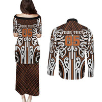 Custom Aotearoa Waikato Couples Matching Puletasi and Long Sleeve Button Shirt Maori Tribal Pattern Mix Poutama