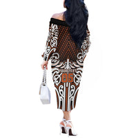 Custom Aotearoa Waikato Off The Shoulder Long Sleeve Dress Maori Tribal Pattern Mix Poutama LT05 - Polynesian Pride