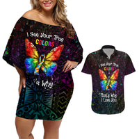 I See Your True Colors Personalised Couples Matching Off Shoulder Short Dress and Hawaiian Shirt Autism Awareness LT05 Black - Polynesian Pride