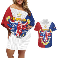 Personalised Philippines Independence Day Couples Matching Off Shoulder Short Dress and Hawaiian Shirt Maligayang Araw ng Kalayaan Filipino Carabao LT05 Red - Polynesian Pride
