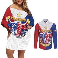 Personalised Philippines Independence Day Couples Matching Off Shoulder Short Dress and Long Sleeve Button Shirt Maligayang Araw ng Kalayaan Filipino Carabao LT05 Red - Polynesian Pride