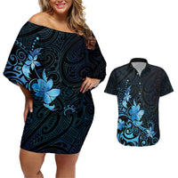 Matariki New Zealand Couples Matching Off Shoulder Short Dress and Hawaiian Shirt Maori Pattern Blue Galaxy LT05 Blue - Polynesian Pride
