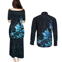 Matariki New Zealand Couples Matching Puletasi and Long Sleeve Button Shirt Maori Pattern Blue Galaxy LT05 - Polynesian Pride
