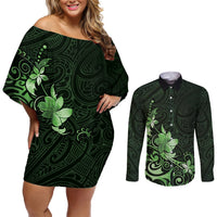 Matariki New Zealand Couples Matching Off Shoulder Short Dress and Long Sleeve Button Shirt Maori Pattern Green Galaxy LT05 Green - Polynesian Pride