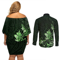 Matariki New Zealand Couples Matching Off Shoulder Short Dress and Long Sleeve Button Shirt Maori Pattern Green Galaxy LT05 - Polynesian Pride
