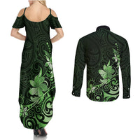Matariki New Zealand Couples Matching Summer Maxi Dress and Long Sleeve Button Shirt Maori Pattern Green Galaxy LT05 - Polynesian Pride
