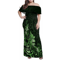 Matariki New Zealand Family Matching Off Shoulder Maxi Dress and Hawaiian Shirt Maori Pattern Green Galaxy LT05 Mom's Dress Green - Polynesian Pride