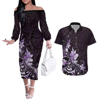 Matariki New Zealand Couples Matching Off The Shoulder Long Sleeve Dress and Hawaiian Shirt Maori Pattern Purple Galaxy LT05 Purple - Polynesian Pride