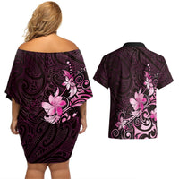 Matariki New Zealand Couples Matching Off Shoulder Short Dress and Hawaiian Shirt Maori Pattern Pink Galaxy LT05 - Polynesian Pride