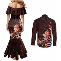 Matariki New Zealand Couples Matching Mermaid Dress and Long Sleeve Button Shirt Maori Pattern Red Galaxy LT05 - Polynesian Pride