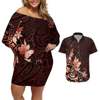 Matariki New Zealand Couples Matching Off Shoulder Short Dress and Hawaiian Shirt Maori Pattern Red Galaxy LT05 Red - Polynesian Pride