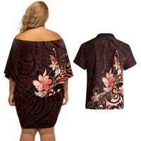 Matariki New Zealand Couples Matching Off Shoulder Short Dress and Hawaiian Shirt Maori Pattern Red Galaxy LT05 - Polynesian Pride