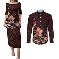 Matariki New Zealand Couples Matching Puletasi and Long Sleeve Button Shirt Maori Pattern Red Galaxy LT05 Red - Polynesian Pride