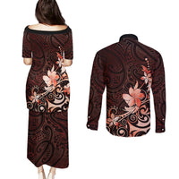 Matariki New Zealand Couples Matching Puletasi and Long Sleeve Button Shirt Maori Pattern Red Galaxy LT05 - Polynesian Pride