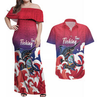Guam Blue Marlin Fishing Couples Matching Off Shoulder Maxi Dress and Hawaiian Shirt Polynesian Style