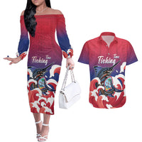 Guam Blue Marlin Fishing Couples Matching Off The Shoulder Long Sleeve Dress and Hawaiian Shirt Polynesian Style LT05 Red - Polynesian Pride