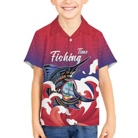 Guam Blue Marlin Fishing Family Matching Off The Shoulder Long Sleeve Dress and Hawaiian Shirt Polynesian Style LT05 Son's Shirt Red - Polynesian Pride