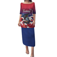 Guam Blue Marlin Fishing Family Matching Puletasi and Hawaiian Shirt Polynesian Style LT05 Mom's Dress Red - Polynesian Pride