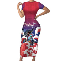 Guam Blue Marlin Fishing Short Sleeve Bodycon Dress Polynesian Style