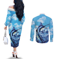 Hawaii Blue Marlin Fishing Couples Matching Off The Shoulder Long Sleeve Dress and Long Sleeve Button Shirt