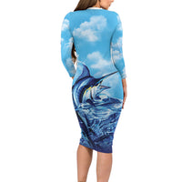 Hawaii Blue Marlin Fishing Long Sleeve Bodycon Dress LT05 - Polynesian Pride