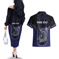 Personalised New Zealand Aotearoa Couples Matching Off The Shoulder Long Sleeve Dress and Hawaiian Shirt Blue Marlin Fishing Maori Pattern LT05 - Polynesian Pride