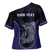 Personalised New Zealand Aotearoa Cross Shoulder Shirt Blue Marlin Fishing Maori Pattern