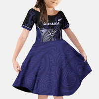Personalised New Zealand Aotearoa Family Matching Puletasi and Hawaiian Shirt Blue Marlin Fishing Maori Pattern LT05 Daughter's Dress Black - Polynesian Pride