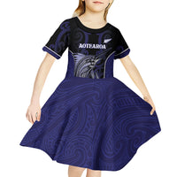 Personalised New Zealand Aotearoa Kid Short Sleeve Dress Blue Marlin Fishing Maori Pattern
