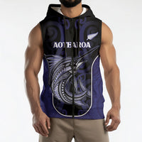 Personalised New Zealand Aotearoa Sleeveless Zip Hoodie Blue Marlin Fishing Maori Pattern