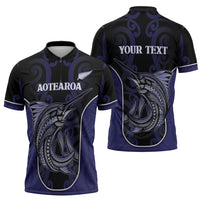 Personalised New Zealand Aotearoa Zipper Polo Shirt Blue Marlin Fishing Maori Pattern