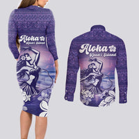 Aloha Hawaii Kauai Island Couples Matching Long Sleeve Bodycon Dress and Long Sleeve Button Shirt Hula Till You Drop