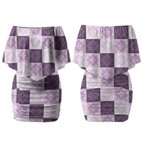 Lavender Manta Ray Hawaiian Quilt Motif Family Matching Off Shoulder Short Dress and Hawaiian Shirt