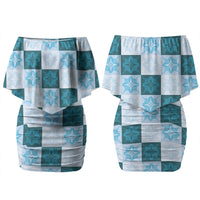 Cyan Manta Ray Hawaiian Quilt Motif Couples Matching Off Shoulder Short Dress and Long Sleeve Button Shirt