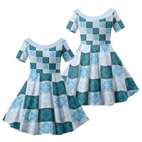 Cyan Manta Ray Hawaiian Quilt Motif Family Matching Off Shoulder Maxi Dress and Hawaiian Shirt