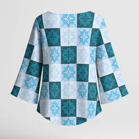 Cyan Manta Ray Hawaiian Quilt Motif Kimono Sleeve Blouse