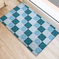 Cyan Manta Ray Hawaiian Quilt Motif Rubber Doormat