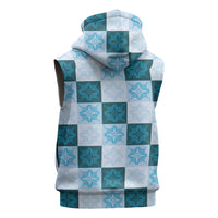 Cyan Manta Ray Hawaiian Quilt Motif Sleeveless Hoodie