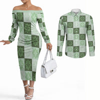 Sage Green Manta Ray Hawaiian Quilt Motif Couples Matching Off The Shoulder Long Sleeve Dress and Long Sleeve Button Shirt