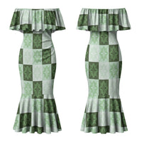 Sage Green Manta Ray Hawaiian Quilt Motif Family Matching Mermaid Dress and Hawaiian Shirt
