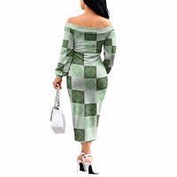 Sage Green Manta Ray Hawaiian Quilt Motif Off The Shoulder Long Sleeve Dress