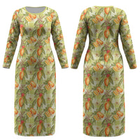 Vintage Hawaii Mango Couples Matching Long Sleeve Bodycon Dress and Long Sleeve Button Shirt Yellow Green Hawaiian Palaka